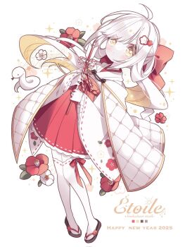 Rule 34 | 1girl, 2025, ahoge, blush, bow, cape, closed mouth, commentary request, dot mouth, dress, flower, full body, hair bow, hair ornament, hairclip, happy new year, highres, holding, holding stick, japanese clothes, kimono, kuzuhara kazuya, leaf, long hair, looking at viewer, new year, nontraditional miko, okobo, original, platform sandals, red bow, red dress, red flower, sandals, short dress, snake, solo, star-shaped pupils, star (symbol), stick, symbol-shaped pupils, thighhighs, white cape, white flower, white hair, white kimono, white thighhighs, yellow eyes