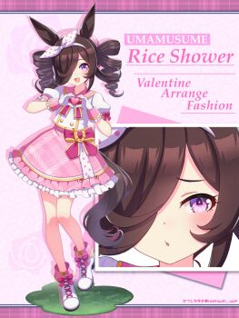 1girl alternate_costume animal_ears blush boots bow bow_hairband brown_hair commentary_request drill_hair drill_sidelocks flipped_hair gloves hair_over_one_eye hairband heart heart_hands highres hokuyukis horse_ears horse_girl horse_tail long_hair looking_at_viewer open_mouth parted_lips pink_bow pink_sailor_collar pink_skirt purple_eyes rice_shower_(umamusume) sailor_collar shirt short_sleeves side_drill sidelocks skirt smile tail twin_drills umamusume white_boots white_gloves white_shirt