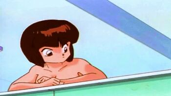 2girls angry animated animated_gif blue_hair breasts brown_eyes brown_hair bucket multiple_girls nipples nude ranma_1/2 screencap short_hair siblings sisters tendou_akane tendou_nabiki throwing
