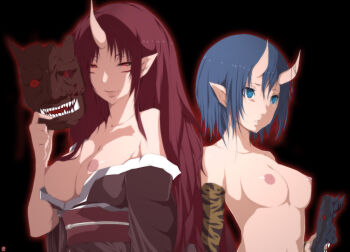Rule 34 | 2girls, animal print, bad id, bad pixiv id, blue eyes, blue hair, blue oni, breasts, demon girl, horns, japanese clothes, kimono, large breasts, lips, long hair, mask, medium breasts, multiple girls, nipples, oni, original, pointy ears, red hair, red oni, single horn, smile, tiger print, topless female, viola (seed), yukata