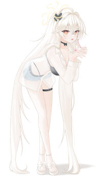 1girl :d absurdres ahoge belt black_bra blue_archive bra bra_visible_through_clothes braid breasts choker commentary denim denim_shorts dress_shirt eri_(blue_archive) full_body hair_between_eyes hair_ribbon halo heart highres large_breasts leaning_forward legs long_hair looking_at_viewer no_headwear open_mouth ribbon ribbon_choker sandals see-through_clothes see-through_shirt shiny_skin shirt short_shorts shorts single_braid slides smile solo symbol-only_commentary thigh_belt thigh_strap thighs underwear very_long_hair white_hair white_shirt yagen_(user_mxur3238) yellow_eyes