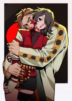 1boy 1girl biting black_eyes black_hair black_shirt black_skirt blood blood_on_clothes blood_splatter border brown_hair clenched_hand commentary commission earrings english_commentary grey_streaks hair_over_one_eye head_tilt highres hug hug_from_behind jewelry looking_at_another multiple_rings neck_biting nosebleed orange_eyes original outside_border parted_lips red_vest ring rope_belt shirt sidelighting skirt soureeeee star_(symbol) star_earrings vest white_border