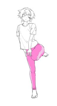 1boy ;&lt; androgynous barefoot bishounen feet highres jeong_sana leggings male_focus one_eye_closed parkgee pink_leggings sanpaku short_hair solo spot_color standing standing_on_one_leg suicide_boy trap