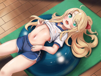 1girl :3 absurdres ball blonde_hair blue_shorts blush bow clip_studio_paint_(medium) clothes_lift commentary dolphin_shorts english_commentary exercising exercise_ball feet_out_of_frame female_focus flat_chest flatculture from_above green_eyes groin gym_shirt gym_shorts gym_uniform hair_bow half_updo highres himesaka_noa lifting_own_clothes loli long_hair looking_at_viewer lying messy_hair navel nipples on_back open_mouth red_bow see-through_clothes see-through_shirt self-upload shirt shirt_lift short_shorts shorts solo stomach sweat thighs watashi_ni_tenshi_ga_maiorita! wet wet_clothes wet_shirt white_shirt wooden_floor yoga_mat