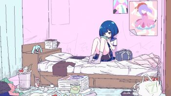 Rule 34 | 1girl, absurdly detailed composition, adversarial noise, aqua eyes, bag, bag of chips, bed, black shorts, blue hair, blue neckerchief, blue sailor collar, blue skirt, blunt bangs, blush, bob cut, book, cellphone, charger, chibikki, clothes on bed, clothes on floor, curtains, dot nose, electrical outlet, figure, food, gym shorts, hatsune miku, highres, holding, holding phone, indoors, instant noodles, knees up, loaded interior, messy room, nanako (chibikki), neckerchief, nissin cup noodle, missing halo, on bed, original, otaku, otaku room, phone, pillow, pixel art, pleated skirt, poster (object), sailor collar, school bag, school uniform, serafuku, shirt, short hair, short sleeves, shorts, shorts under skirt, sitting, skirt, smartphone, socks, solo, summer uniform, trash bag, trash can, upskirt, vocaloid, white shirt, white socks, wide shot
