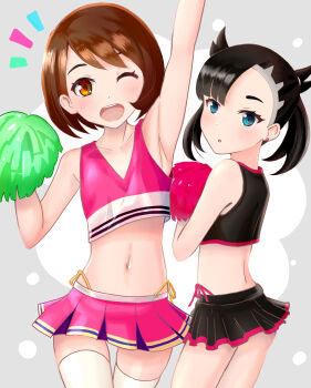 2girls aqua_eyes arm_above_head armpits asymmetrical_bangs bare_shoulders black_hair black_shirt black_skirt blush breasts brown_eyes brown_hair cheerleader cleavage collarbone crop_top ear_piercing eyelashes female_focus flat_chest gloria_(pokemon) hands_up happy highres legs long_hair looking_at_another looking_at_viewer looking_back marnie_(pokemon) matching_hair/eyes medium_hair midriff miniskirt multiple_girls navel neck nintendo one_eye_closed open_mouth pan_korokorosuke panties parted_lips piercing pink_shirt pink_skirt pokemon pokemon_swsh revealing_clothes sexually_suggestive shiny_clothes shiny_skin shirt shy side-tie_panties side_bangs sidelocks skirt sleeveless sleeveless_shirt standing thighhighs thighs twintails undercut underwear v-string white_thighhighs wink