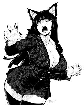 1girl animal_ear_fluff animal_ears blunt_bangs breasts claw_pose cleavage commentary commission cowboy_shot english_commentary fangs fingernails freckles greyscale hands_up highres large_breasts long_hair looking_at_viewer miniskirt miregeist monochrome open_mouth original shirt simple_background skirt solo teeth thighhighs white_background zettai_ryouiki