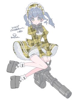 1girl :o black_bow black_bowtie black_shoes blue_eyes blue_hair bone_hair_ornament bonnet bow bowtie bright_pupils dress frilled_bonnet frilled_dress frills full_body fuonna_kuuki gold_dress hair_ornament highres holding holding_weapon juliet_sleeves lolita_fashion long_sleeves looking_at_viewer mary_janes medium_hair official_alternate_costume petticoat platform_shoes puffy_sleeves shoes simple_background socks solo twintails virtual_youtuber vspo! weapon weapon_request white_background white_pupils white_socks yano_kuromu yano_kuromu_(3rd_costume)