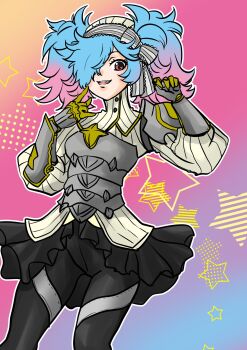 1girl blue_hair fire_emblem fire_emblem_fates gradient_hair hair_over_one_eye highres looking_at_viewer makeup momojikutteyaru multicolored_hair nintendo open_mouth peri_(fire_emblem) pink_hair red_eyes runny_makeup smile solo twintails two-tone_hair