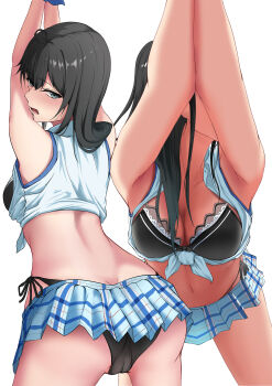 1girl absurdres amesuku_gyaru ankurusu armpits arms_up ass bdsm black_hair black_panties blue_eyes blue_skirt blush bound bound_wrists bow bow_bra bra bra_peek breasts butt_crack cameltoe cleavage collarbone collared_shirt commentary cow cowboy_shot from_behind gyaru highres kogal leaning_forward long_hair looking_at_viewer looking_back medium_breasts microskirt multiple_views navel open_mouth paid_reward_available panties plaid_clothes plaid_skirt restrained shirt side-tie_panties simple_background skirt sleeveless sleeveless_shirt spread_legs string_panties tied_shirt unbuttoned unbuttoned_shirt underwear upskirt white_background yahari_ore_no_seishun_lovecome_wa_machigatteiru. yukinoshita_yukino