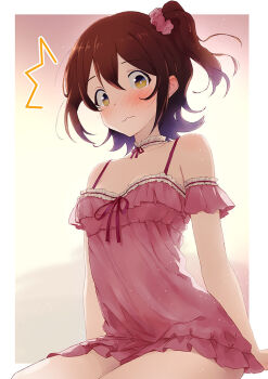 1girl babydoll blush border breasts brown_eyes brown_hair choker closed_mouth commentary_request flustered frilled_choker frills hair_ornament hair_scrunchie idolmaster idolmaster_million_live! ikamagu kasuga_mirai looking_at_viewer one_side_up outside_border pink_babydoll pink_scrunchie scrunchie sitting solo wavy_mouth white_border