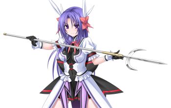 Rule 34 | 1girl, black gloves, blush, bow, breasts, dress, game cg, gloves, hair bow, hair ribbon, higuchi isami, holding, holding weapon, large variant set, long hair, looking at viewer, magical girl, mahou shoujo sae, medium breasts, murakami shizuru, non-web source, official art, polearm, purple eyes, purple hair, ribbon, solo, spear, transparent background, variant set, weapon