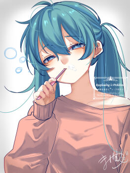 1girl absurdres aqua_eyes aqua_hair collarbone commentary_request hair_between_eyes half-closed_eyes hatsune_miku highres holding holding_toothbrush long_hair long_sleeves mai_mugi pink_shirt shirt signature sleepy solo toothbrush toothbrush_in_mouth twintails upper_body very_long_hair vocaloid