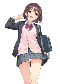1girl :d black_eyes black_jacket black_skirt blazer bow bowtie brown_hair cardigan cardigan_under_jacket commentary_request jacket koutaro open_mouth original panties pantyshot pink_cardigan pleated_skirt red_bow red_bowtie school_uniform short_hair simple_background skirt smile solo teeth thighs tongue underwear upper_teeth_only v white_background white_panties