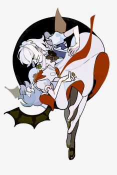 2girls apron arched_back arm_around_neck barefoot bat_wings bent_over black_pantyhose blue_dress bow braid commentary_request dee_(tannsumi) dress fangs from_side full_body green_bow grey_hair hair_bow highres holding_another's_waist holding_hands izayoi_sakuya laughing looking_at_another maid maid_apron maid_headdress mary_janes multiple_girls pantyhose puffy_short_sleeves puffy_sleeves red_dress red_nails remilia_scarlet shoes short_hair short_sleeves touhou twin_braids two-sided_dress two-sided_fabric two-tone_dress waist_ribbon white_dress white_hair wings