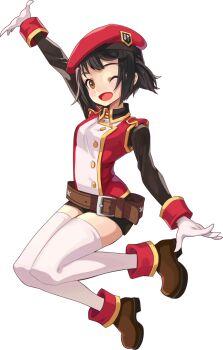 Rule 34 | 1girl, arched back, artist request, badge, belt, belt buckle, beret, black hair, black shirt, black shorts, black sleeves, breasts, brown belt, brown eyes, brown shoes, buckle, buttons, collared shirt, gloves, gold buttons, hat, head tilt, highres, ispin charles, jacket, knees together feet apart, large belt, long sleeves, looking at viewer, loose belt, medium breasts, midair, military hat, military jacket, military uniform, multicolored jacket, narrow waist, nexon, official art, one eye closed, open hands, open mouth, plain epaulettes, red hat, red jacket, second-party source, shirt, shoes, short hair, shorts, simple background, skinny, sleeve cuffs, sleeveless, sleeveless jacket, smile, solo, tales weaver, thighhighs, tongue, transparent background, two-tone jacket, undershirt, white gloves, white jacket, white thighhighs, wing collar, yellow trim