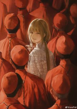 Rule 34 | 1girl, 6+boys, absurdres, black hair, blonde hair, cardinal, dress, flower, green eyes, hat, highres, jacket, long hair, looking at viewer, looking back, multiple boys, open mouth, original, people, red hat, red jacket, red theme, seapall, watermark, weibo watermark, white dress, white flower