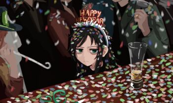 1girl 5others annoyed bags_under_eyes black_hair black_headwear confetti cup drinking_glass english_text forrest_gump green_eyes happy_new_year headband highres kuroki_tomoko kurokimoko long_hair multiple_others new_year party scene_reference solo_focus table watashi_ga_motenai_no_wa_dou_kangaetemo_omaera_ga_warui!