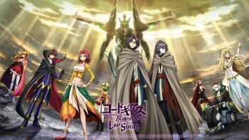 black_hair blonde_hair blue_eyes breasts c.c. cleavage code_geass code_geass:_lost_stories dress green_eyes highres kouzuki_kallen kururugi_suzaku large_breasts long_hair marrybell_mel_britannia midriff navel official_art red_hair shamna