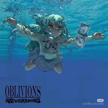 absurdres air_bubble album_art album_cover album_cover_redraw bang_dream! bang_dream!_it's_mygo!!!!! banknote blue_hair bubble chinese_commentary cover derivative_work dress fishing_rod highres money nevermind nirvana_(band) ribbon skirt submerged swimming togawa_sakiko underwater yellow_eyes