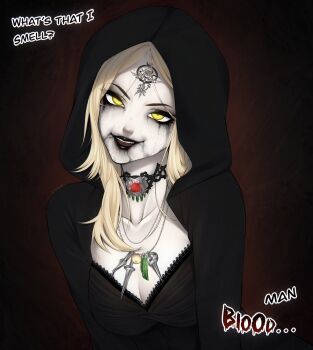 1girl bela_dimitrescu black_choker black_lips blonde_hair breasts choker cleavage collarbone commentary dark_background english_text eyelashes facial_mark forehead_mark highres hood hood_up hooded_dress jewelry long_hair looking_at_viewer necklace nose open_mouth pale_skin parted_bangs resident_evil resident_evil_village smile solo teyoid upper_body yellow_eyes