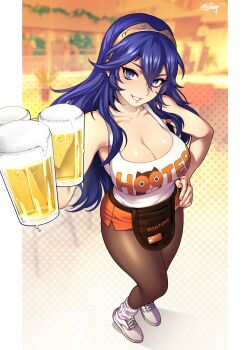 absurdres alternate_costume apron beer_mug black_apron blue_eyes blue_hair blurry blurry_background breasts brown_pantyhose cleavage collarbone commentary commission cup english_commentary fire_emblem fire_emblem_fates fishine hair_between_eyes hand_on_own_hip highres holding holding_cup hooters indoors large_breasts long_hair looking_at_viewer lucina_(fire_emblem) mug nintendo orange_nails orange_shorts pantyhose parted_lips shirt shoes short_shorts shorts sleeveless sleeveless_shirt socks standing tank_top waist_apron waitress white_shoes white_socks white_tank_top