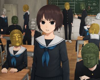 5boys 5girls black_serafuku blue_neckerchief bob_cut breasts brown_eyes brown_hair buddha cabinet chair chalk chalkboard classroom commentary desk furrowed_brow grimace locker looking_at_another looking_at_viewer multiple_boys multiple_girls neckerchief original parquet_floor parted_lips sailor_collar school_chair school_desk school_uniform serafuku short_hair sitting small_breasts standing translated upper_body what white_sailor_collar wooden_floor yajirushi_(chanoma)