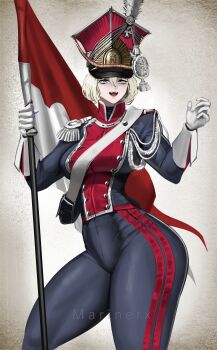 Rule 34 | 1girl, :d, absurdres, artist name, bad anatomy, black pants, blonde hair, breasts, epaulettes, flag, gloves, hat, highres, marinerx, medium breasts, military hat, military uniform, open mouth, original, pale skin, pants, polish flag, smile, solo, standing, white gloves