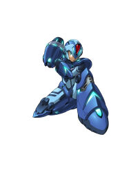 Rule 34 | 1boy, absurdres, android, arm cannon, armor, blue armor, blue helmet, forehead jewel, full body, green eyes, hi-go!, highres, male focus, mega man (series), mega man x (series), official alternate costume, on one knee, shoulder armor, simple background, solo, weapon, white background, x (mega man), x buster