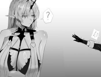 1boy 1girl ? absurdres arm_under_breasts bare_shoulders breasts closed_mouth collar commentary english_commentary fleurdelys_(wuthering_waves) flying_sweatdrops gloves greyscale hand_up highres horns huge_breasts long_hair looking_to_the_side male_rover_(wuthering_waves) monochrome out_of_frame pointy_ears reaching reaching_towards_another rover_(wuthering_waves) sidelocks single_horn spoken_flying_sweatdrops spoken_question_mark trembling twentytwo_(twenty_zwei) wuthering_waves