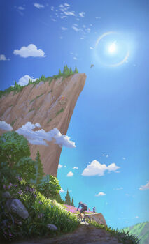 1boy 3others backpack bag bicycle bicycle_helmet black_headwear black_shorts blue_jacket blue_sky cliff cloud commentary cyclecircle dated_commentary day english_commentary facing_away flower forest grass helmet highres jacket lens_flare long_sleeves mountain mountain_bicycle multiple_others nature original outdoors path red_bull red_bull_rampage riding riding_bicycle road rock scenery shorts sky sun tree wide_shot