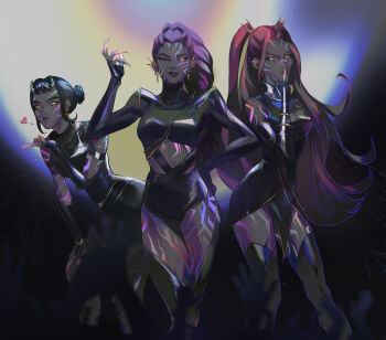 Rule 34 | 3girls, absurdres, black hair, body markings, boots, braid, braided ponytail, commentary, demon, double bun, earrings, fingernails, hair bun, hand on own hip, heart, helpiclub, heterochromia, highres, jewelry, kpop demon hunters, long fingernails, long hair, looking at viewer, mira (kpop demon hunters), multiple girls, pink hair, purple hair, rumi (kpop demon hunters), short bangs, sidelocks, smirk, thigh boots, yellow eyes, zoey (kpop demon hunters)