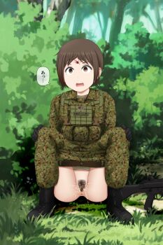 1girl anus belt blood boots brown_eyes brown_hair bullet_hole bush camouflage clothes_pull death female_focus female_pubic_hair forest fundarikettari grass gun headshot highres injury japanese_text looking_at_viewer military military_uniform nature open_mouth original outdoors pants pants_pull peeing pubic_hair pussy short_hair speech_bubble squatting surprised teeth tree upper_teeth_only weapon