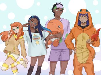 2boys 2girls beard black_hair blue_eyes blue_hair charmander charmander_(cosplay) chewtle commentary_request cosplay cowboy_shot dark-skinned_female dark-skinned_male dark_skin facial_hair gen_1_pokemon gen_3_pokemon gen_8_pokemon hand_on_own_hip headband highres leon_(pokemon) long_hair looking_at_viewer making-of_available multiple_boys multiple_girls nessa_(pokemon) nicoliarts nintendo orange_hair pajamas pokemon pokemon_swsh purple_headband purple_shorts raihan_(pokemon) shorts smile sonia_(pokemon) thighhighs trapinch