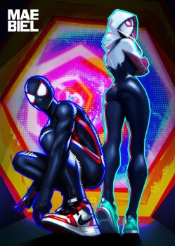 1boy 1girl alternate_costume bodysuit couple gwen_stacy highres maebiel marvel miles_morales nike_(company) shoes spider-man spider-man:_across_the_spider-verse spider-man:_into_the_spider-verse spider-man_(series) spider-verse superhero_costume