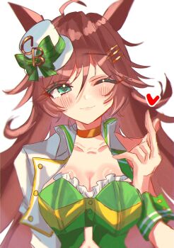 1girl ahoge animal_ears asymmetrical_jacket blue_eyes blush breasts brown_hair choker cleavage closed_mouth collarbone disney_o626 green_shirt hair_between_eyes hair_ornament hairclip hat heart highres horse_ears horse_girl jacket large_breasts long_hair long_sleeves looking_at_viewer mini_hat mini_top_hat mr._c.b._(clear_bliss)_(umamusume) mr._c.b._(umamusume) one_eye_closed shirt single_bare_shoulder single_sleeve single_wrist_cuff smile strapless strapless_shirt top_hat umamusume upper_body white_jacket wrist_cuffs yellow_choker