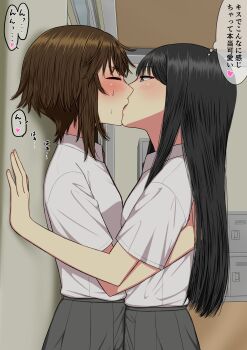 2girls absurdres black_hair blue_eyes blush brown_hair closed_eyes collared_shirt commentary_request french_kiss grey_skirt heart highres indoors kiss long_hair multiple_girls original pleated_skirt ryuusa school_uniform shirt short_hair skirt speech_bubble sweat thought_bubble translation_request white_shirt yuri