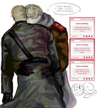 2boys artist_name axis_powers_hetalia belt black_belt black_gloves black_pants blonde_hair brown_gloves brown_jacket closed_eyes coat commentary covered_mouth cowboy_shot english_commentary english_text from_behind gee_(marshmallowchez) germany_(hetalia) gloves green_coat grey_hair grey_scarf head_on_another's_shoulder highres hug jacket long_sleeves male_focus military military_jacket military_uniform multiple_boys pants request_inset russia_(hetalia) scarf short_hair simple_background soviet_army speech_bubble standing wehrmacht white_background yaoi
