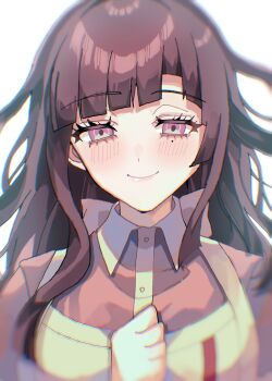 1girl apron blush breasts brown_hair collared_shirt danganronpa_(series) danganronpa_2:_goodbye_despair dress_shirt hakumai_(mgmg_okomee) hand_up highres large_breasts long_hair mole mole_under_eye pink_eyes pink_shirt shirt smile solo tsumiki_mikan upper_body white_apron white_background white_shirt