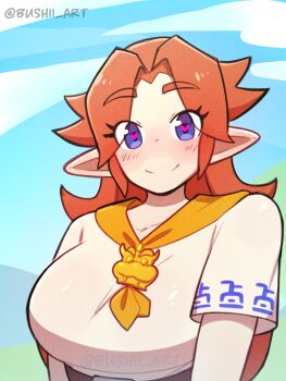 1girl belt_around_waist blue_eyes blue_sky blush_stickers breasts bushii_(bo0xhy) curtained_hair heart heart-shaped_pupils highres large_breasts long_hair looking_at_viewer malon neckerchief nintendo orange_hair outdoors pointy_ears shirt short_sleeves sky smile solo symbol-shaped_pupils the_legend_of_zelda the_legend_of_zelda:_ocarina_of_time twitter_username upper_body white_shirt yellow_neckerchief