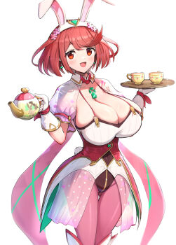 1girl :d absurdres adapted_costume animal_ears breasts chest_jewel cleavage collarbone corset covered_navel cup earrings easter floating_earrings gloves gluteal_fold gonzarez highres jewelry large_breasts looking_at_viewer open_mouth pantyhose pink_pantyhose pyra_(xenoblade) rabbit_ears rabbit_tail red_eyes red_hair see-through_clothes see-through_skirt see-through_sleeves short_hair simple_background skindentation skirt smile spaghetti_strap star_(symbol) star_print swept_bangs tail tea_set teacup teapot thigh_gap tiara xenoblade_chronicles_(series) xenoblade_chronicles_2