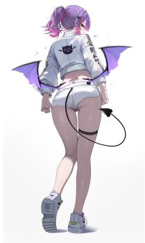 1girl absurdres alternate_costume ass back_tattoo clothing_cutout colored_inner_hair commentary cross cross_earrings demon_girl demon_tail demon_wings ear_piercing earrings from_behind full_body green_eyes hair_ornament hairclip highres hololive jacket jewelry kkato looking_at_viewer looking_back low_wings multicolored_hair parallel_hairclips piercing pink_hair pointy_ears ponytail purple_hair shoe_soles shoes short_hair short_shorts shorts simple_background sneakers solo spiked_ear_piercing streaked_hair tail tail_ornament tail_piercing tail_through_clothes tattoo tokoyami_towa tramp_stamp two-tone_hair virtual_youtuber white_background white_jacket white_shoes winged_heart winged_heart_tattoo wings