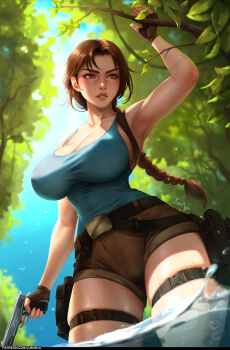 1girl arm_up armpits backlighting black_gloves blue_sky blue_tank_top braid breasts brown_eyes brown_hair brown_lips brown_shorts cleavage commentary english_commentary fingerless_gloves forest from_below gloves gun handgun highres holding holding_gun holding_weapon holster lara_croft large_breasts long_hair luminyu nature no_eyewear shorts single_braid sky sleeveless solo tank_top taut_clothes thick_eyebrows thigh_holster tomb_raider trigger_discipline weapon