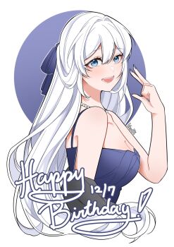 Rule 34 | 1girl, alternate costume, blue dress, blue eyes, breasts, commentary, cropped torso, dress, english commentary, happy birthday, highres, honkai (series), honkai impact 3rd, jewelry, khuffi, kiana kaslana, large breasts, long hair, looking at viewer, necklace, pearl necklace, smile, solo, very long hair, white background, white hair