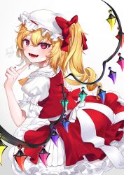 Rule 34 | 1girl, :d, absurdres, adapted costume, ascot, back bow, blonde hair, blush, bow, commentary request, cowboy shot, crossed bangs, crystal, eyelashes, fangs, flandre scarlet, frilled shirt collar, frilled skirt, frills, from side, hair between eyes, hair bow, hair ribbon, hand up, happy, hat, highres, index finger raised, kodouirasto, long hair, looking at viewer, mob cap, nail polish, open mouth, petticoat, pointy ears, puffy short sleeves, puffy sleeves, red bow, red eyes, red nails, red ribbon, red skirt, red vest, ribbon, shirt, short sleeves, side ponytail, signature, simple background, skirt, sleeve bow, slit pupils, smile, solo, teeth, tongue, touhou, tsurime, vest, wavy hair, white background, white bow, white hat, white shirt, wings, yellow ascot