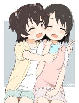 2girls :d ;d ^_^ aayh akagi_miria black_hair blue_skirt blush cellphone closed_eyes commentary_request grey_background hair_between_eyes hair_ornament hairclip heart heart_hair_ornament holding holding_phone hood hood_down hooded_jacket idolmaster idolmaster_cinderella_girls idolmaster_cinderella_girls_u149 jacket multiple_girls one_eye_closed open_clothes open_jacket open_mouth phone pink_skirt puffy_short_sleeves puffy_sleeves rabbit_hair_ornament red_eyes sasaki_chie shirt short_sleeves signature skirt smile two-tone_background two_side_up white_background white_shirt yellow_jacket