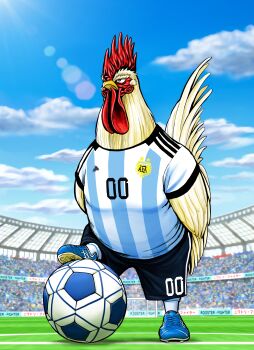 1boy 2022 2022_fifa_world_cup 6+others absurdres argentina argentinian_flag argentinian_flag_print asociacion_de_futbol_argentina ball bird blue_sky chicken cloud cloudy_sky day flag_print full_body highres keiji_(niwatori_fighter) looking_up multiple_others niwatori_fighter official_art rooster sakuratani_shuu serious sky soccer_ball soccer_uniform sportswear stadium sunlight world_cup
