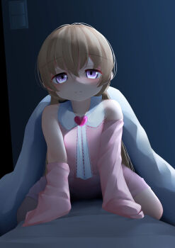 Rule 34 | 1girl, arm support, bare shoulders, blue background, blush, brooch, brown hair, closed mouth, commentary request, detached sleeves, dress, gradient background, hair between eyes, heart, heart brooch, highres, jewelry, long hair, long sleeves, looking at viewer, ne an ito, pink dress, pink sleeves, purple eyes, sidelighting, sleeveless, sleeveless dress, solo, split mouth, spread legs, straddling, straight-on, tsukuyomi ai, variant set, voiceroid