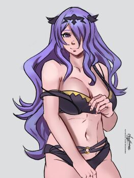 anianocula artist_name bare_shoulders bikini breasts camilla_(fire_emblem) cleavage clothes_pull fire_emblem fire_emblem_fates hair_over_one_eye large_breasts long_hair looking_at_viewer midriff navel nintendo o-ring o-ring_bikini_bottom one_eye_covered purple_eyes purple_hair simple_background swimsuit tiara wavy_hair white_background