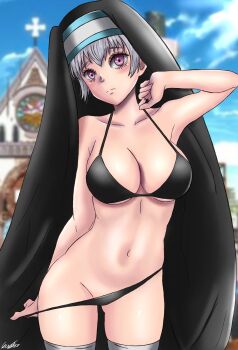 1girl black_clover en&#039;en_no_shouboutai grey_hair guolfeich highres noelle_silva nun purple_eyes swimsuit tamaki_kotatsu